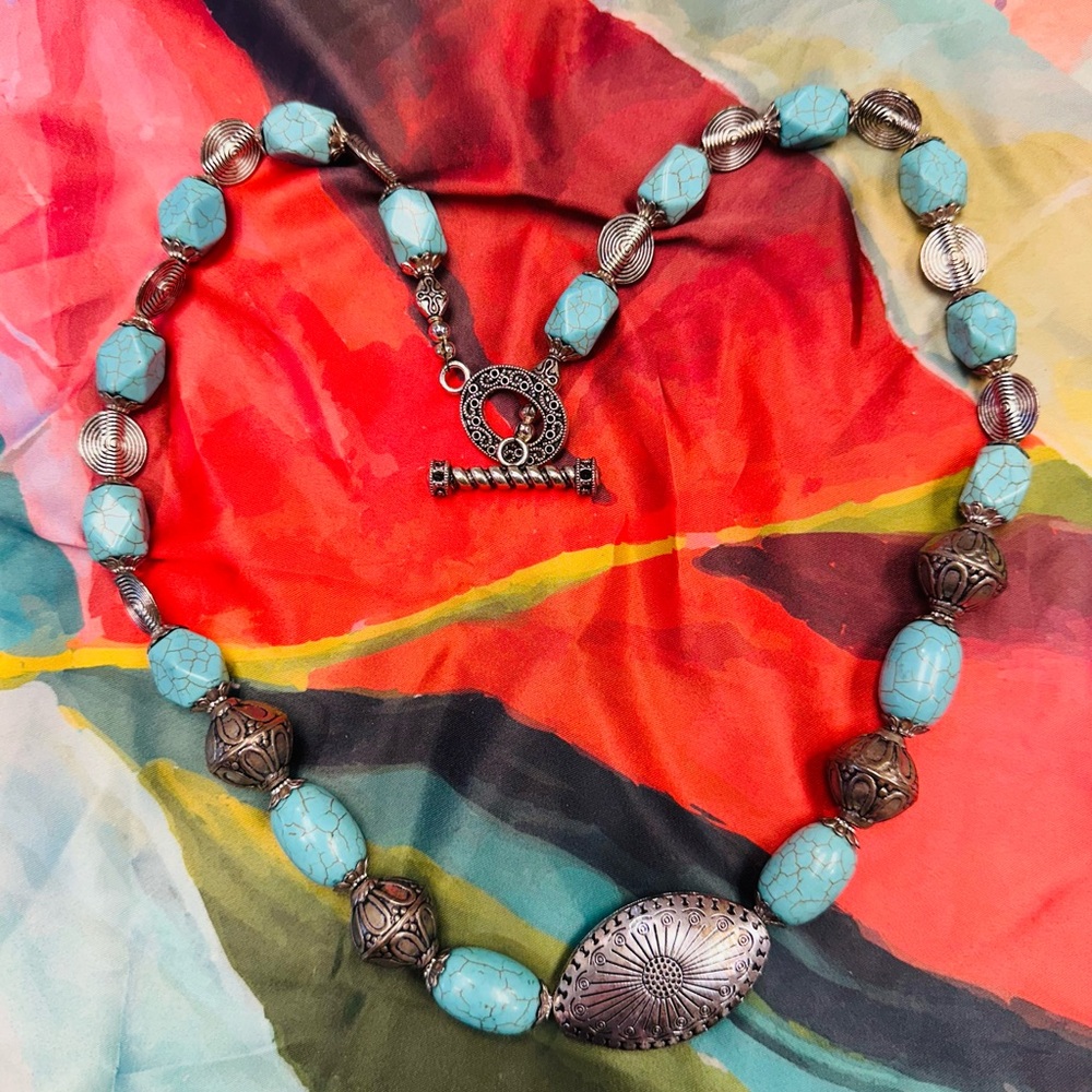 Turquoise Bead Silver-Tone Toggle Necklace - Women Jewelry